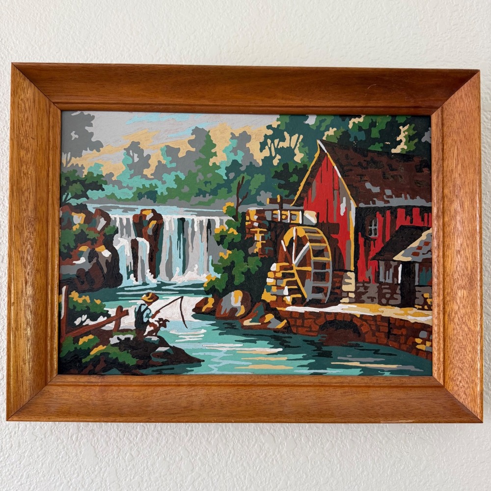 Vintage Paint By Number Grist Mill Waterfall Landscape Framed Wall Art MCM